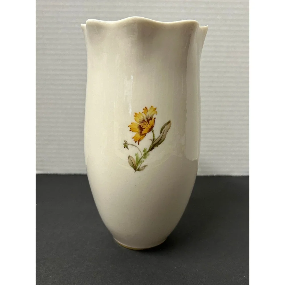 Vintage Floral Porcelain Vase Home Decor 8in Cream Yellow Good Scalloped Rim
